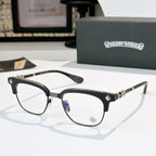 Chrome glasses with clear lenses, dark frame, silver-tone arms and blue temple accents