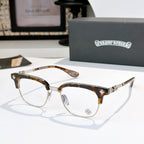 Chrome glasses with clear lenses, tortoise frame with gold-tone arms and star detail