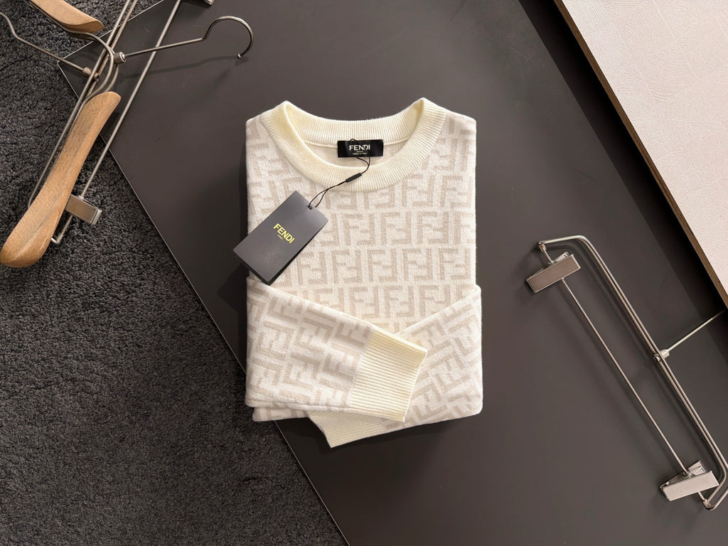 Cream long-sleeve sweater with allover Fendi FF jacquard pattern