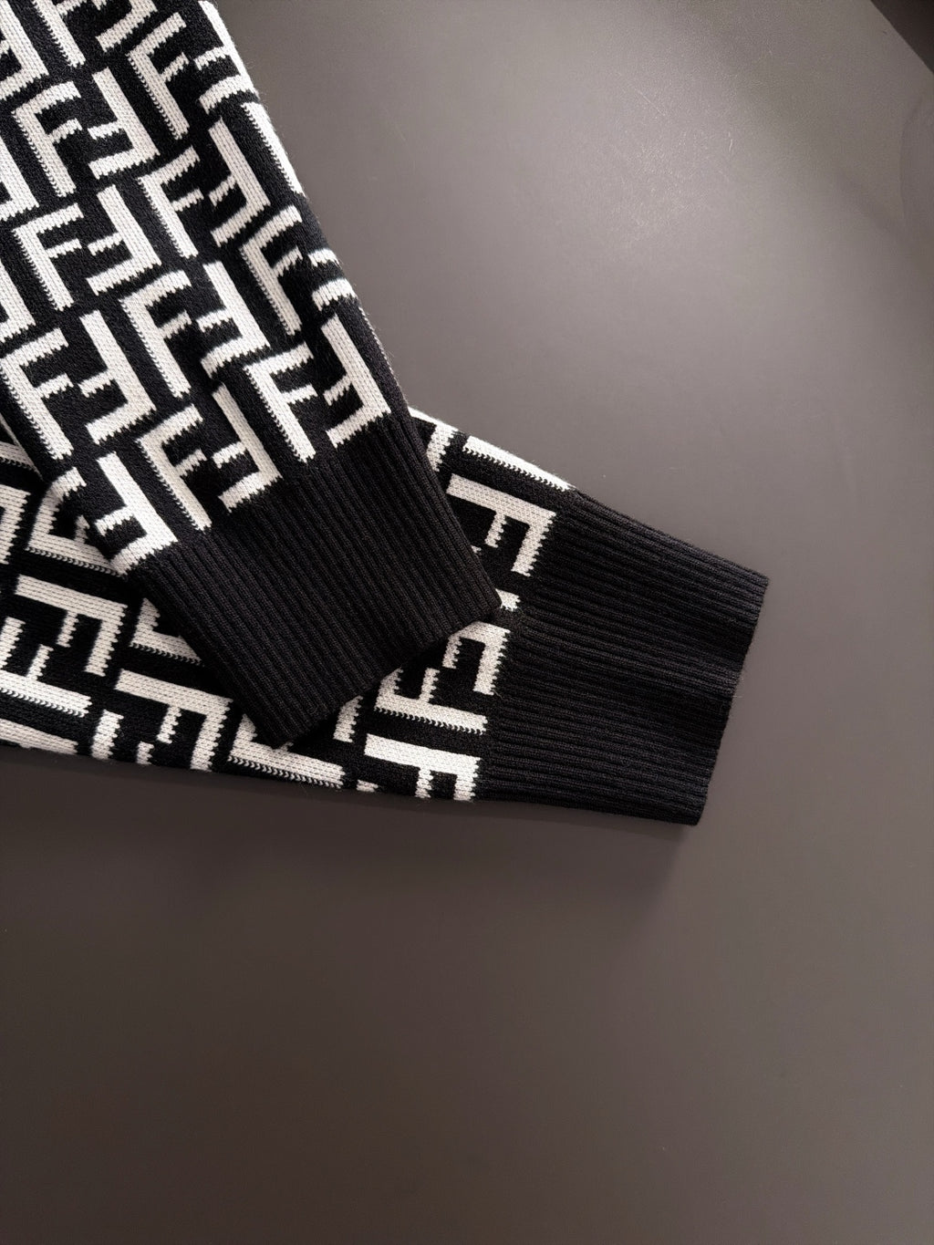 Fendi long-sleeve knit top hem and sleeve cuff, black with white FF logo pattern