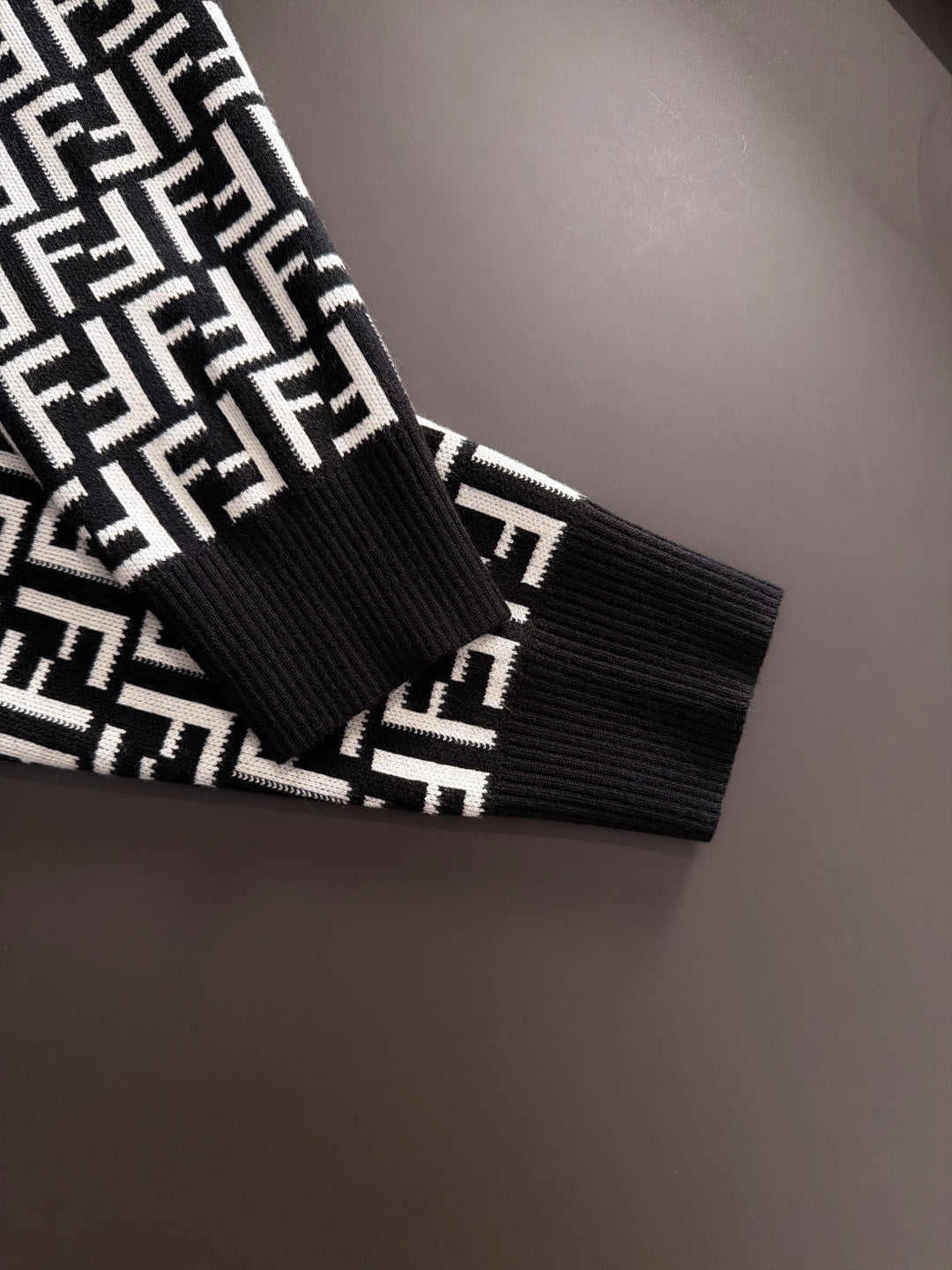 Fendi long-sleeve knit top hem and sleeve cuff, black with white FF logo pattern