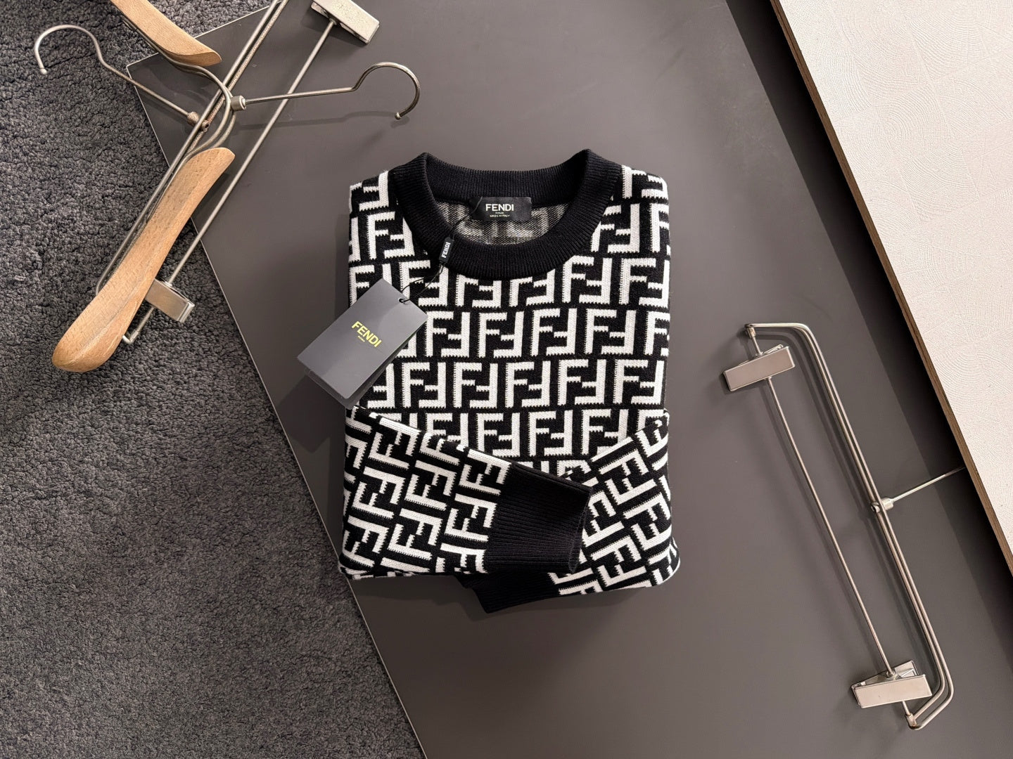 Fendi long-sleeve knit top with crew neck, black and white FF logo pattern