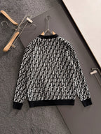 Fendi long-sleeve knit top, black with white FF logo pattern and ribbed hem