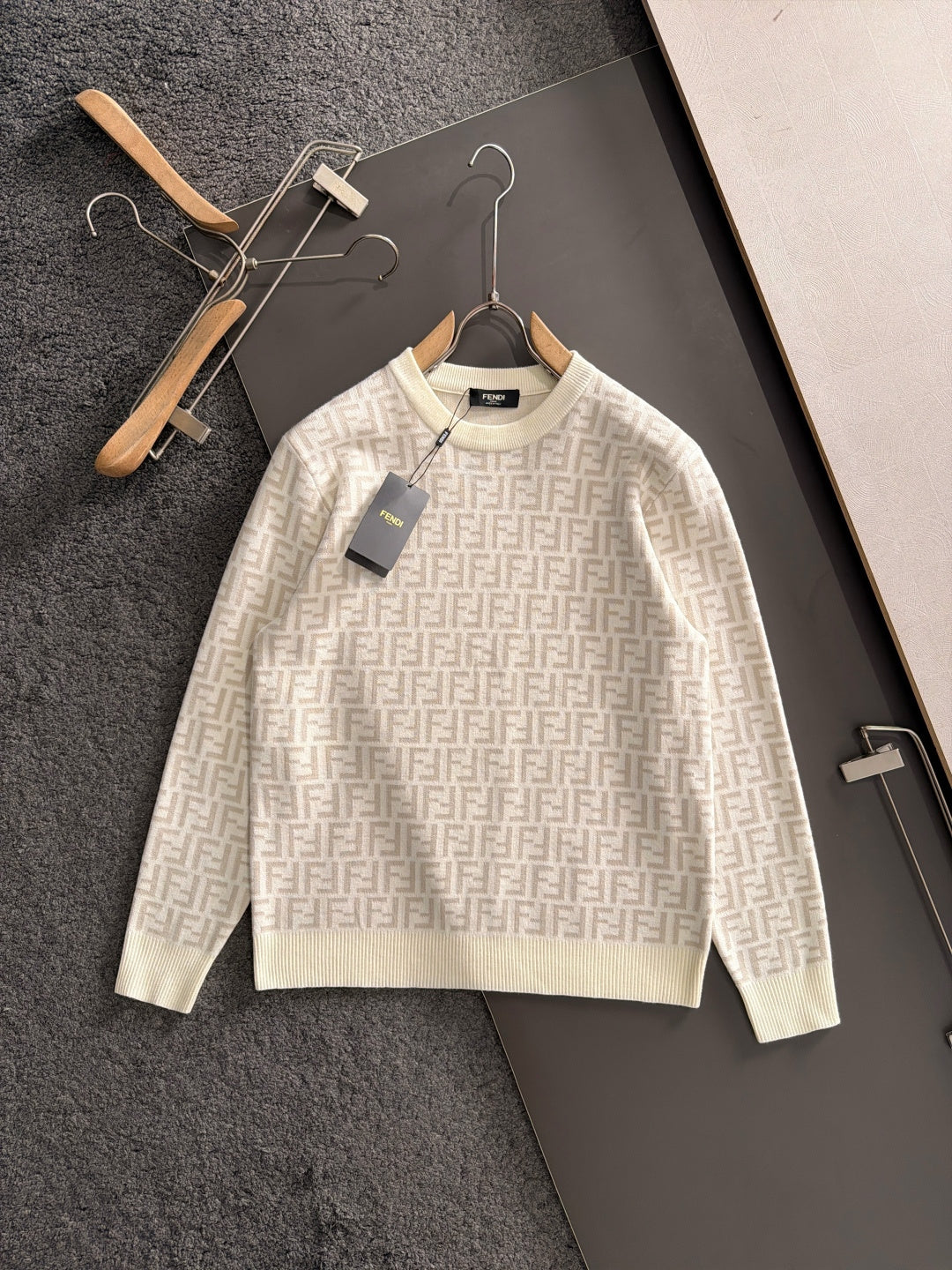 Cream long-sleeve sweater with Fendi FF monogram pattern, crew neckline