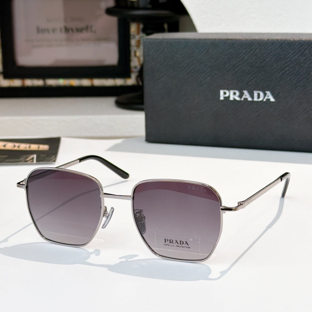 Sunglasses with square purple tinted lenses and silver frame