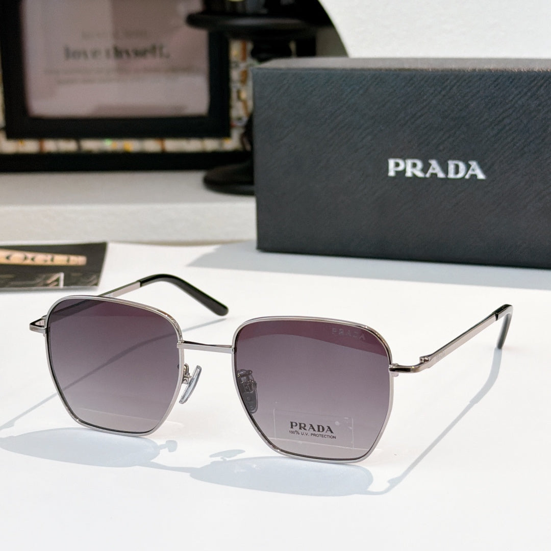 Sunglasses with square purple tinted lenses and silver frame