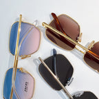 Assorted sunglasses with blue, burgundy, and black tinted square lenses