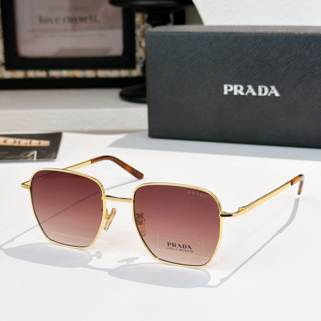 Sunglasses with square rose tinted lenses and gold frame with brown temples