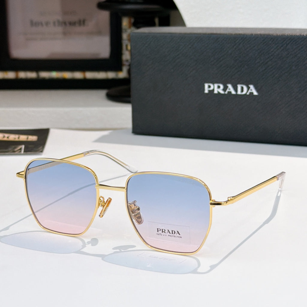 Sunglasses with square light blue tinted lenses and gold frame