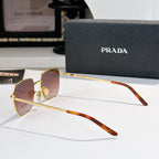 Sunglasses with small square purple tinted lenses and gold frame with brown temples