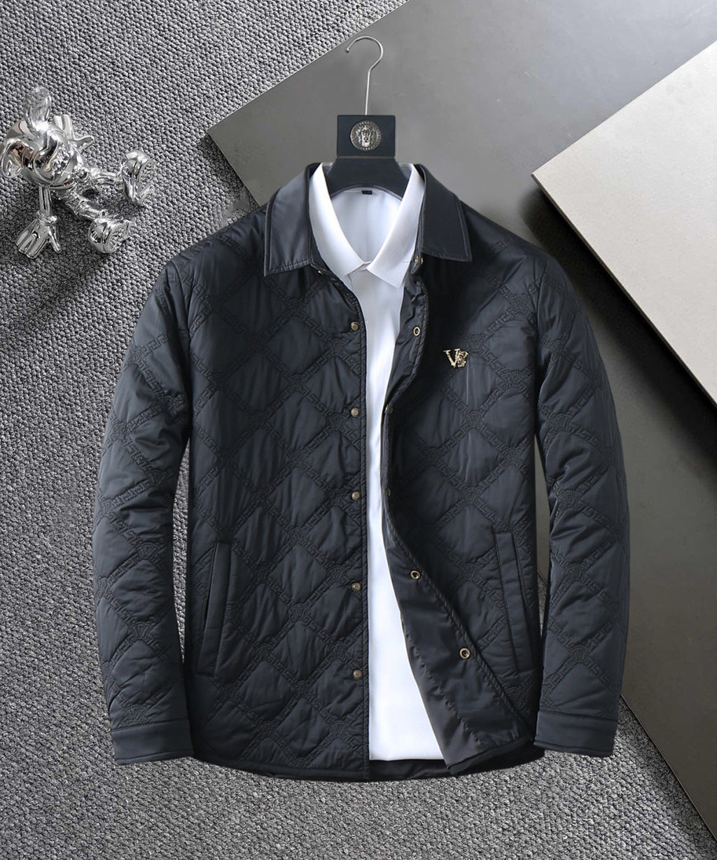 Versace quilted jacket, black with gold buttons and stand collar