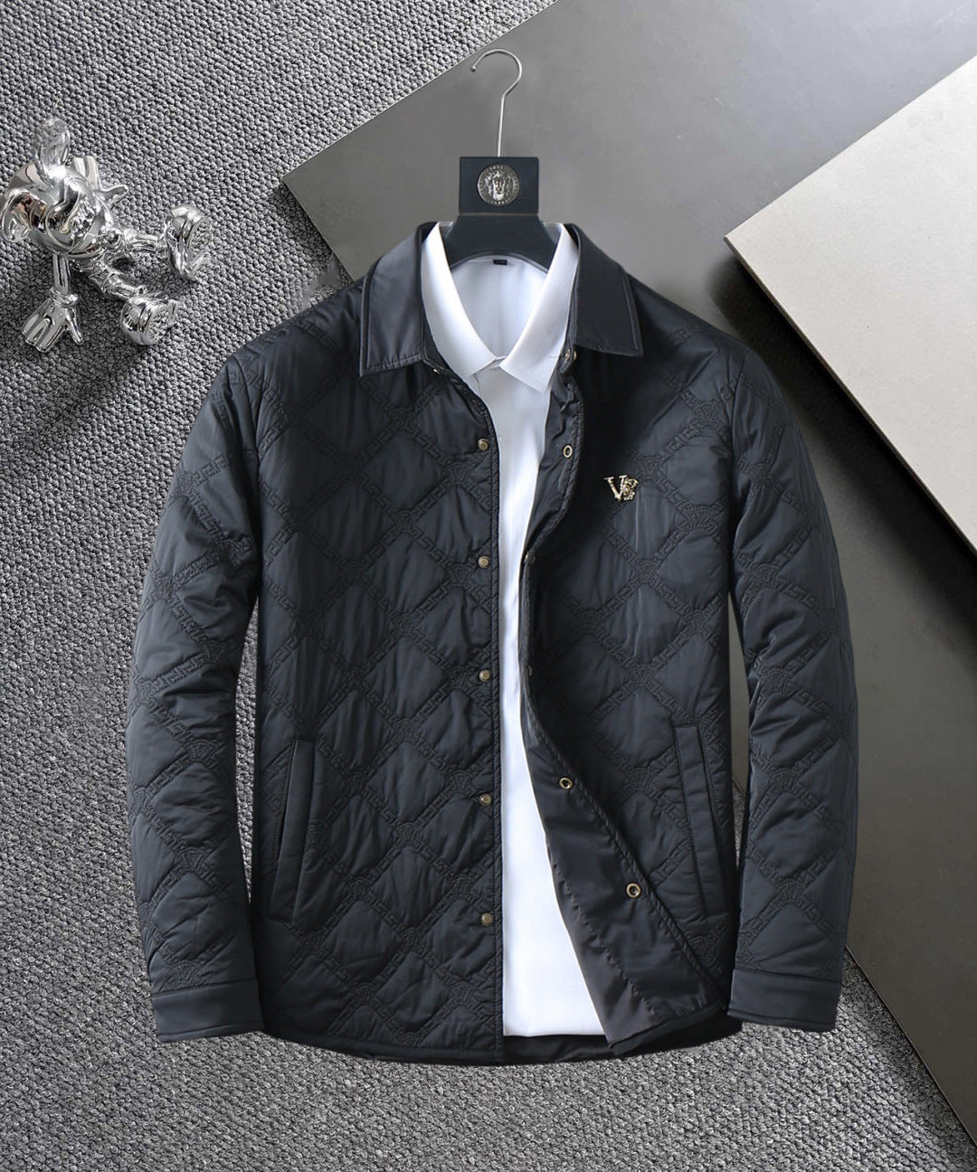 Versace quilted jacket, black with gold buttons and stand collar