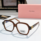 MiuMiu eyeglasses with dark brown square frames and clear lenses