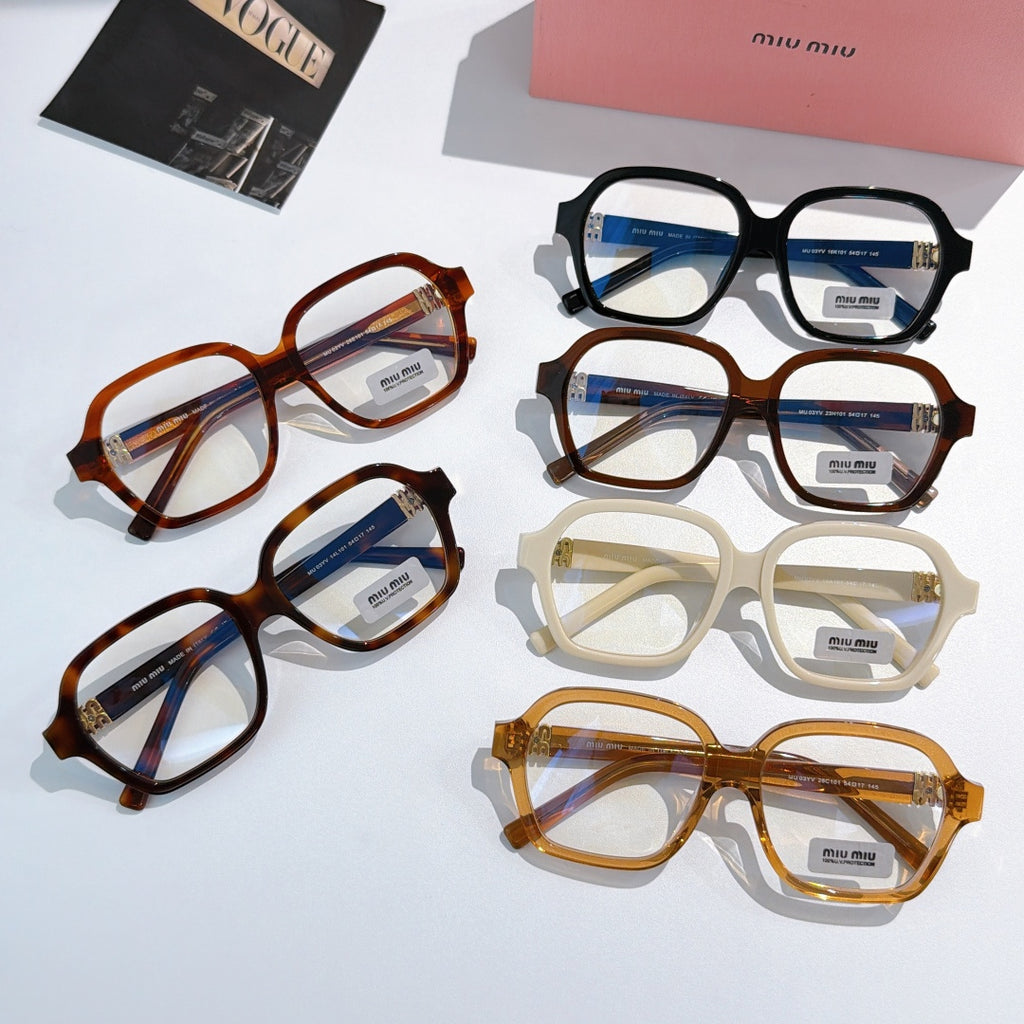 MiuMiu eyeglasses assortment in black, brown, cream, and amber square frames