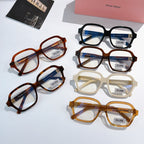 MiuMiu eyeglasses assortment in black, brown, cream, and amber square frames