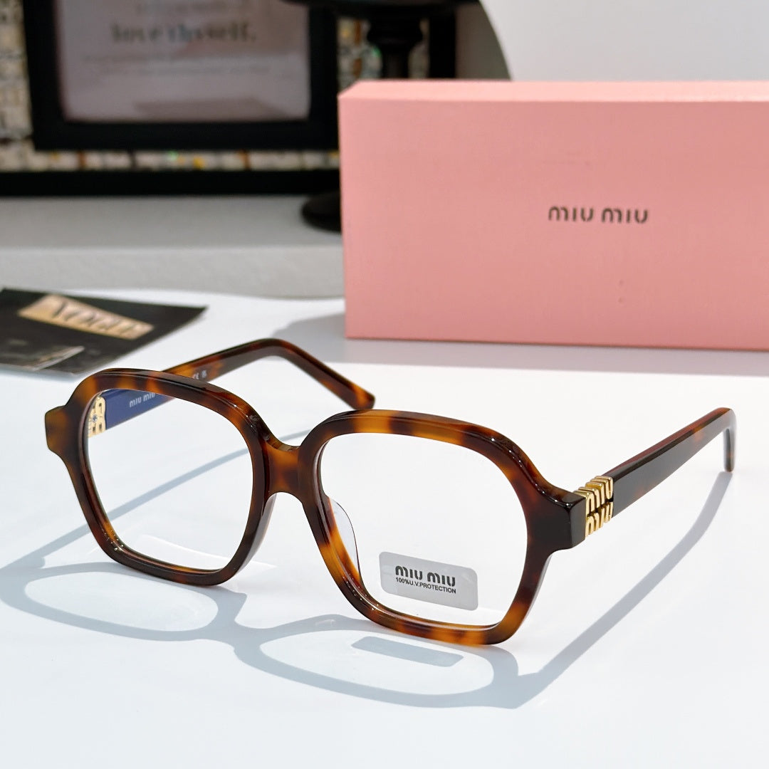 MiuMiu eyeglasses with warm brown square frames and clear lenses