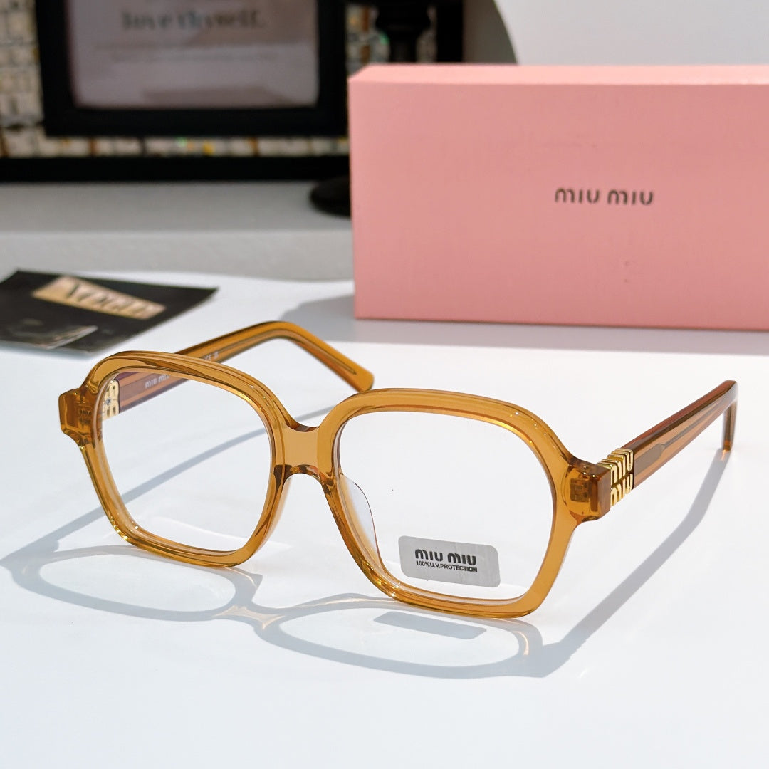 MiuMiu eyeglasses with amber-gold square frames and clear lenses