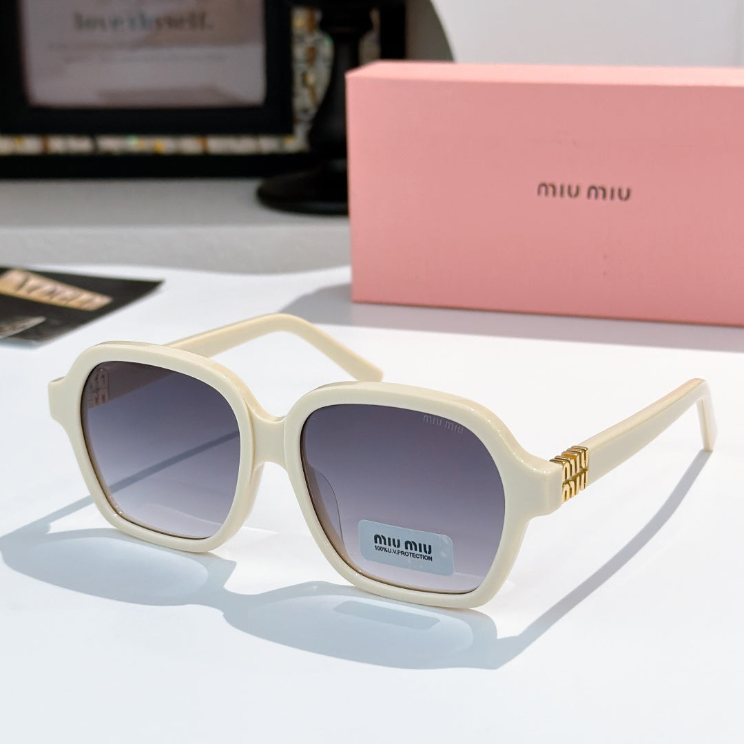 Square cream acetate sunglasses with dark gray lenses and gold logo temple accents