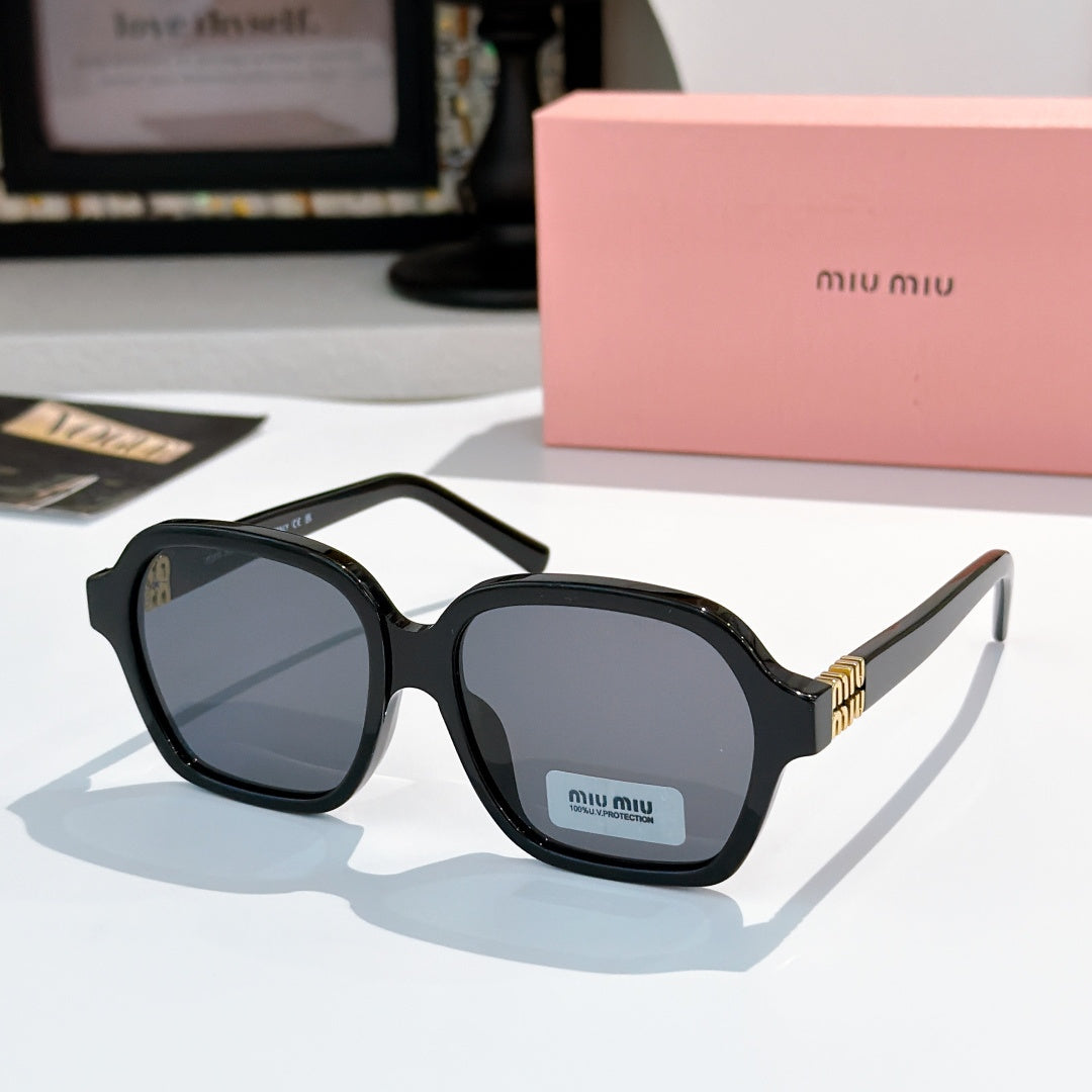 Square black acetate sunglasses with dark gray lenses and gold logo temple details