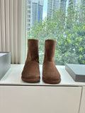 Balenciaga suede ankle boots in dark brown, mid-calf height, rounded toe