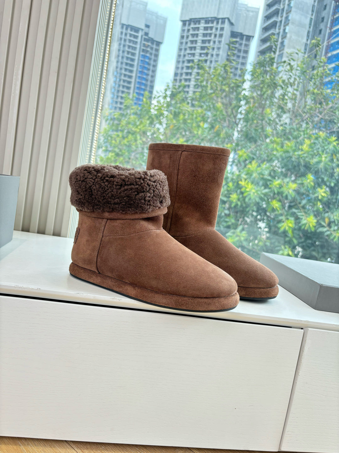 Balenciaga suede mid-calf boots with plush fur cuff, dark brown