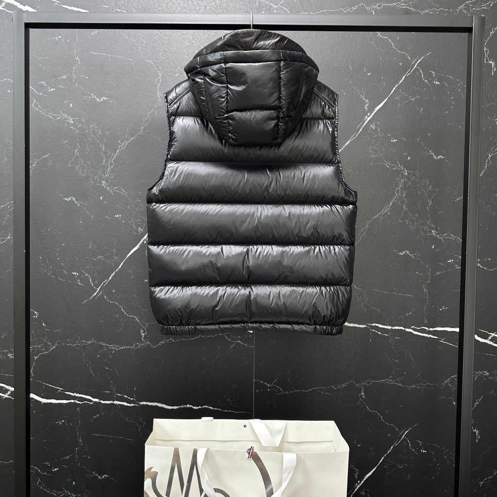 Moncler long quilted puffer vest, black, hooded back view