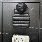 Moncler long quilted puffer vest, black, hooded back view