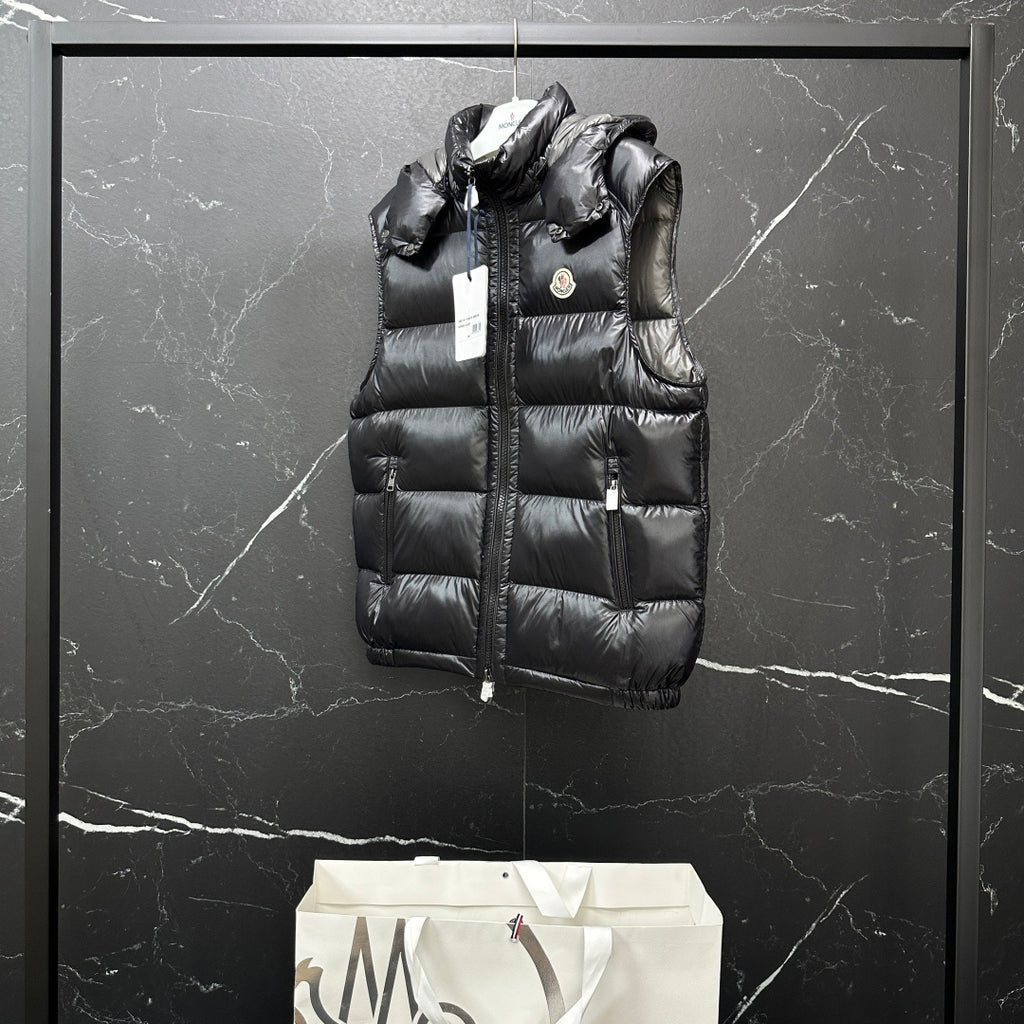 Moncler long quilted puffer vest, black, full front view with hood
