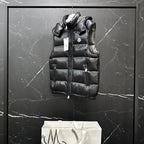 Moncler long quilted puffer vest, black, full front view with hood