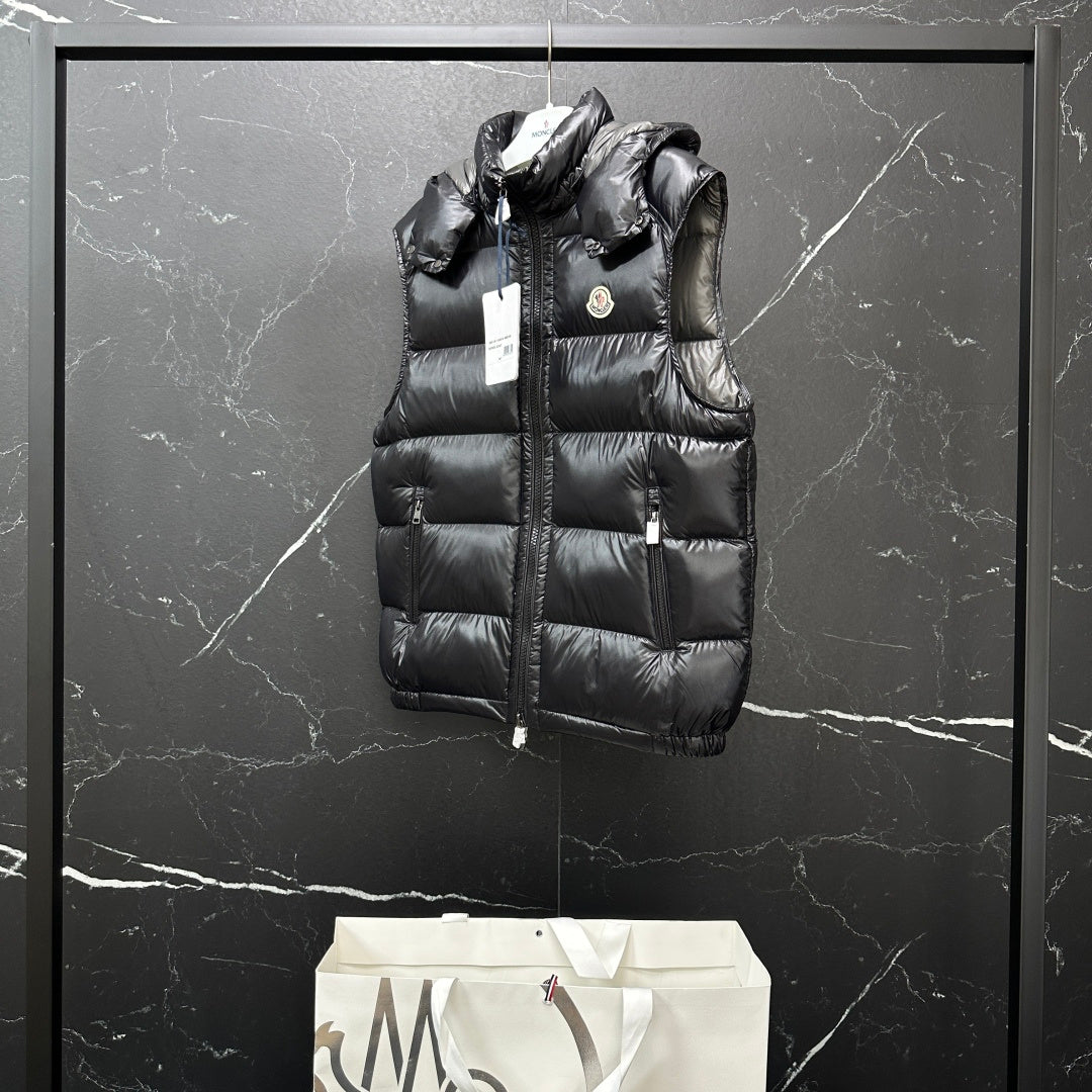 Moncler long quilted puffer vest, black, full front view with hood