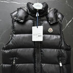 Moncler long quilted puffer vest, black, front zipper with logo patch