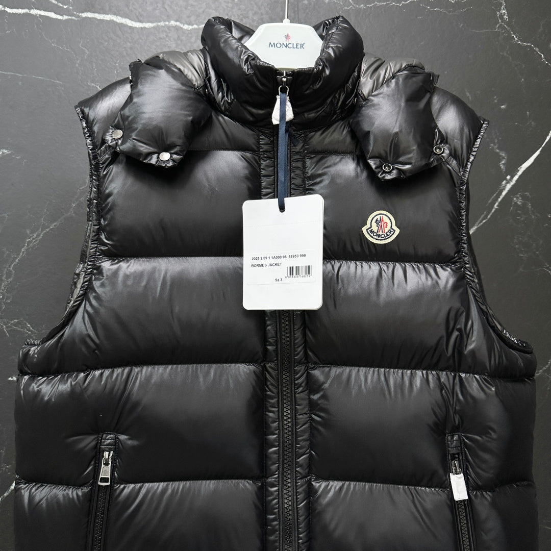 Moncler long quilted puffer vest, black, front zipper with logo patch