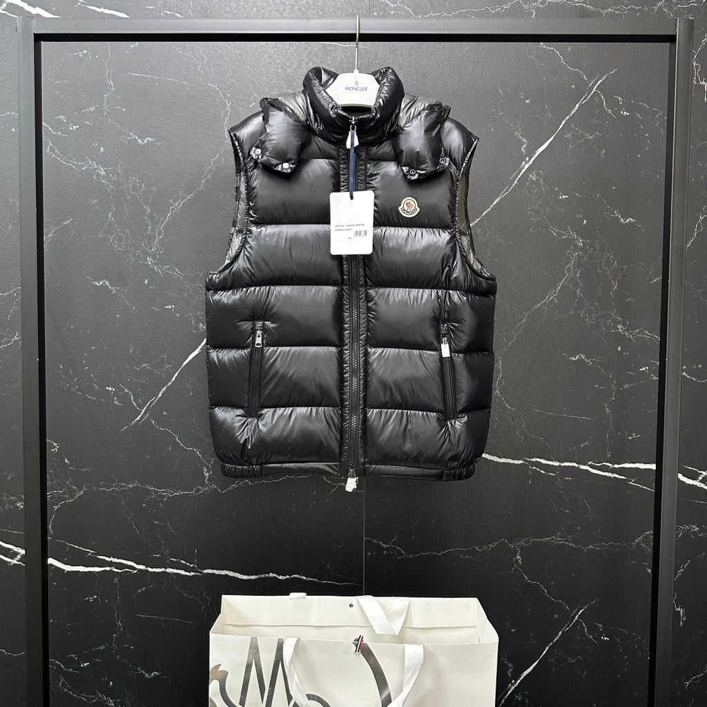 Moncler long quilted puffer jacket, black, sleeveless vest style with zipper