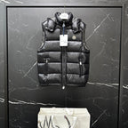 Moncler long quilted puffer jacket, black, sleeveless vest style with zipper