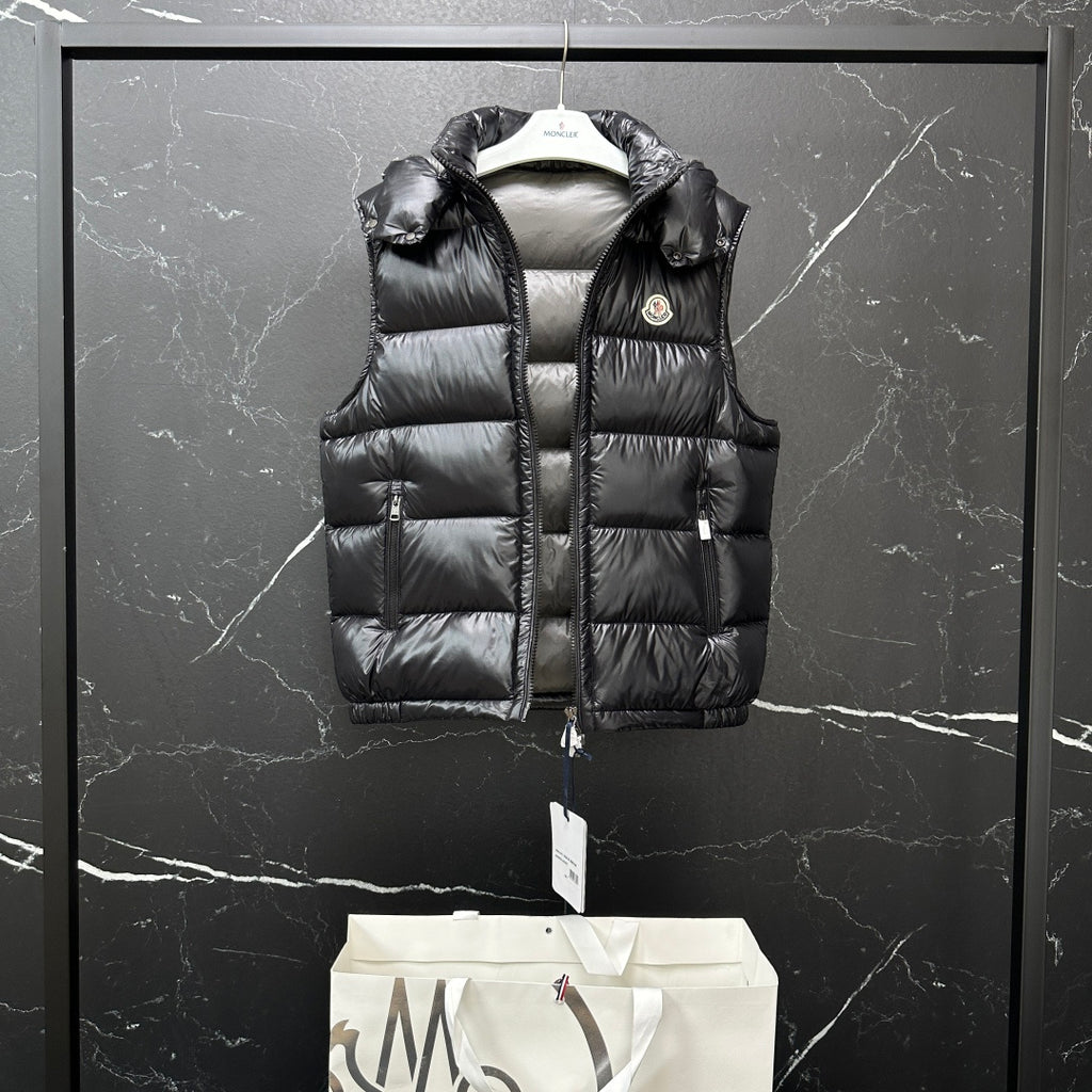 Moncler long quilted puffer vest, black, hooded back with zipper detail