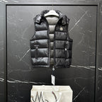 Moncler long quilted puffer vest, black, hooded back with zipper detail