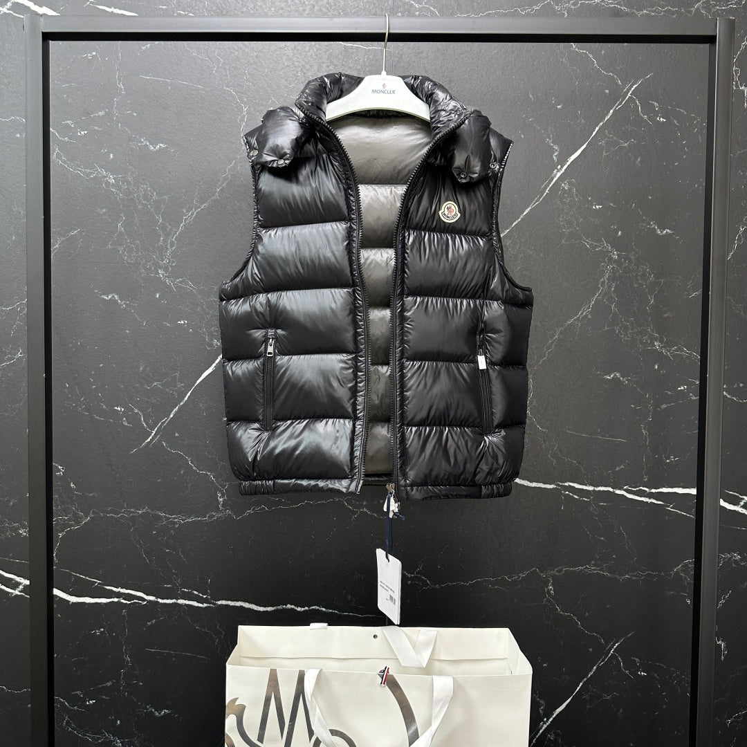 Moncler long quilted puffer vest, black, hooded back with zipper detail