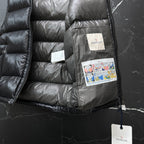 Moncler long puffer vest, black lining, inner pocket with white product tags