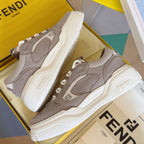 Taupe Fendi low-top sneakers pair, heel and side views with white laces