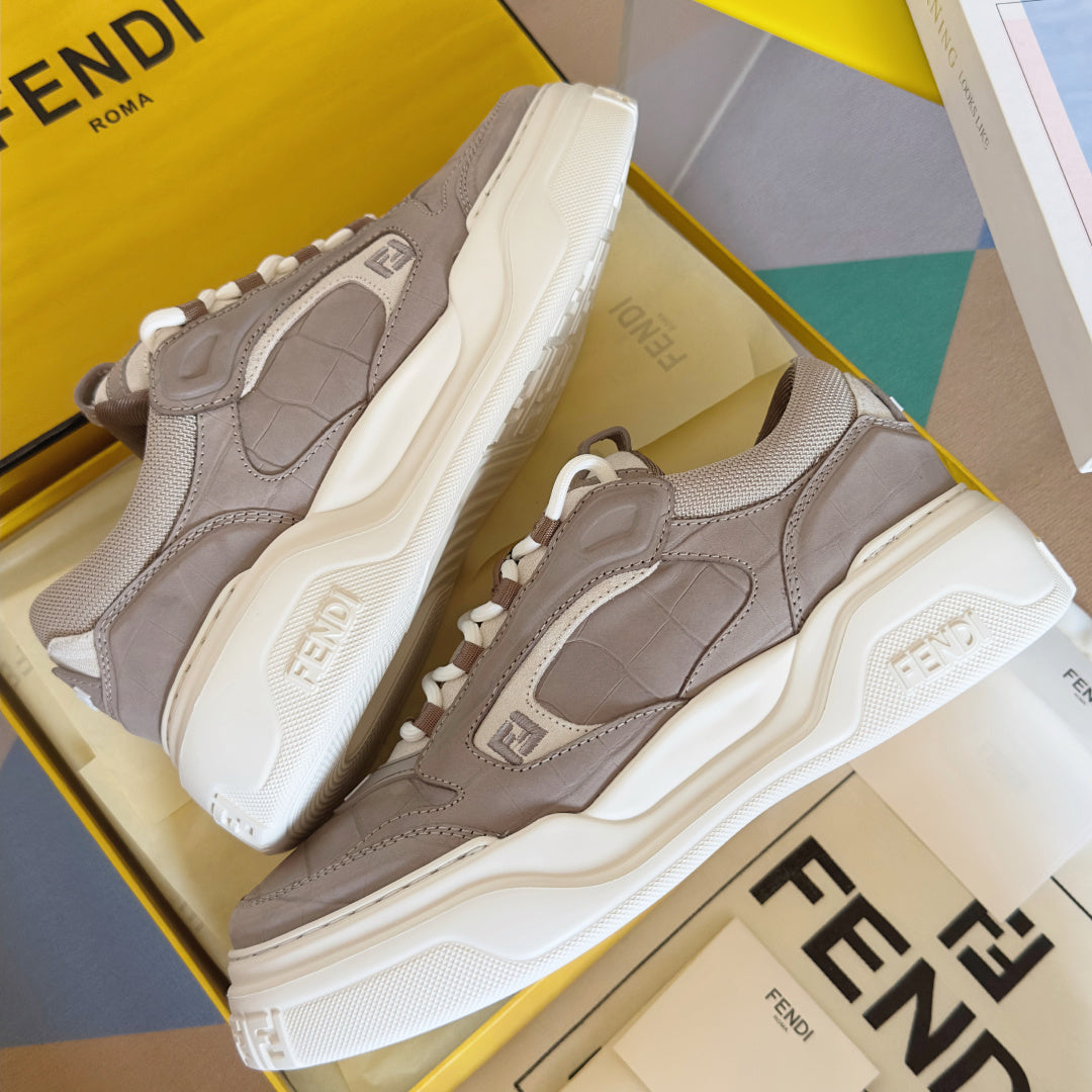 Taupe Fendi low-top sneakers pair, heel and side views with white laces