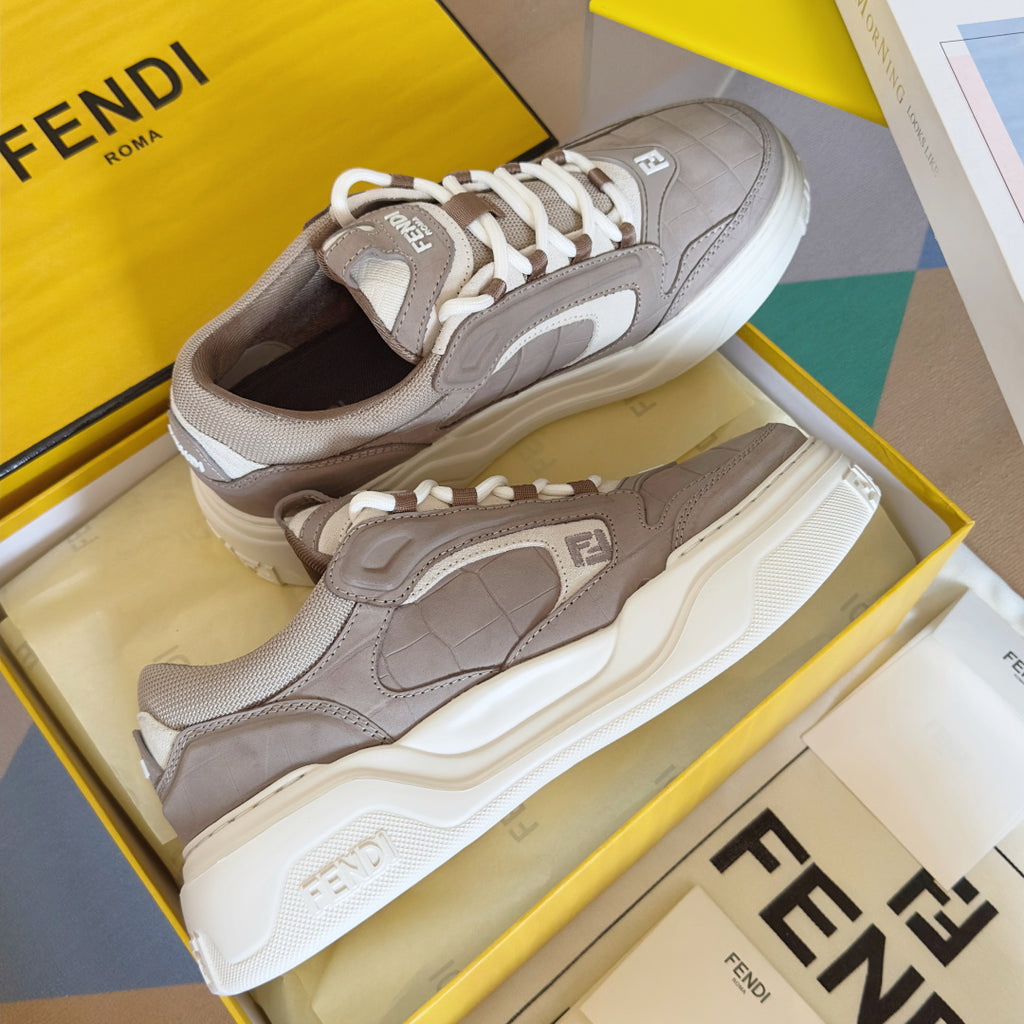 Taupe Fendi low-top sneakers pair, top view showing laces and side logos