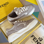 Taupe Fendi low-top sneakers pair, top view showing laces and side logos