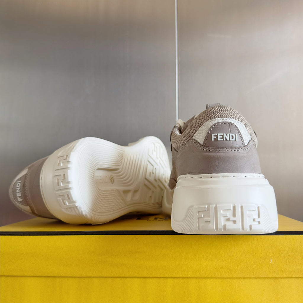 Taupe Fendi low-top sneakers, outsole and heel view with white rubber sole