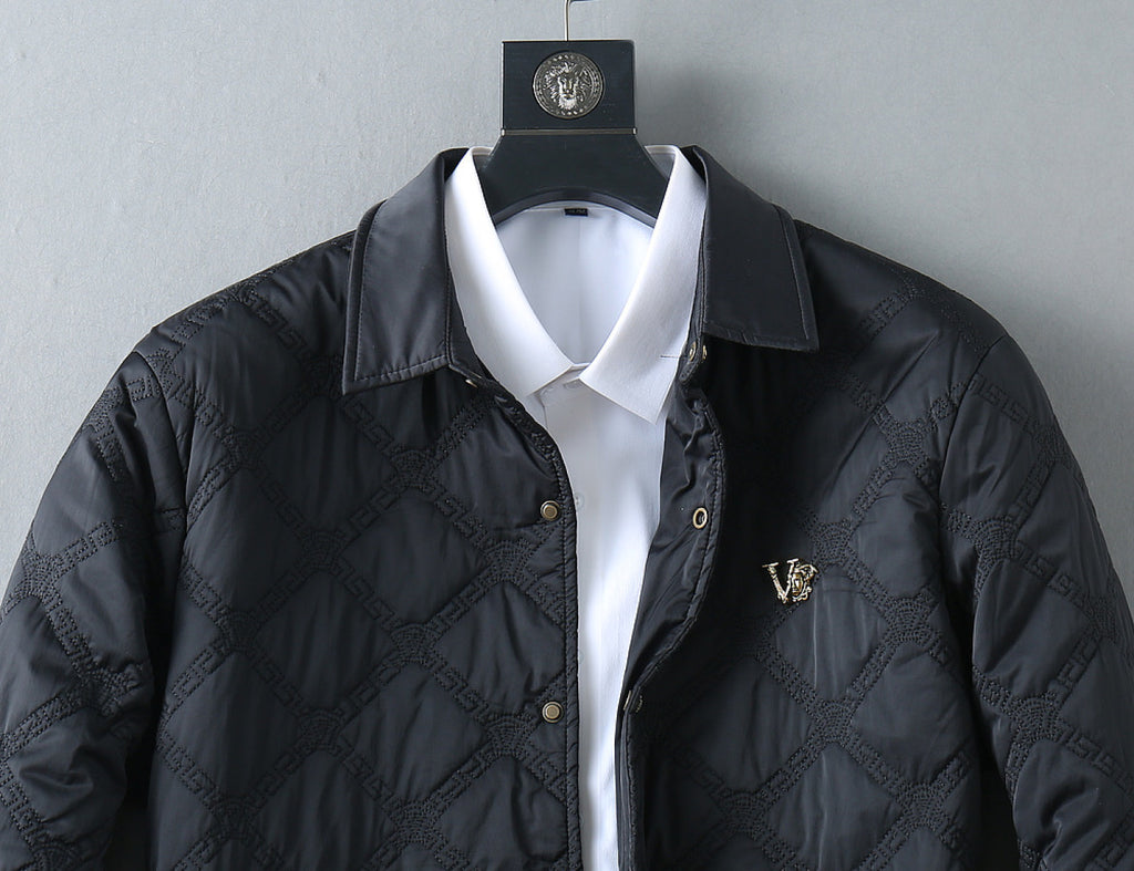 Quilted jacket with white shirt, black with logo chest detail and gold buttons