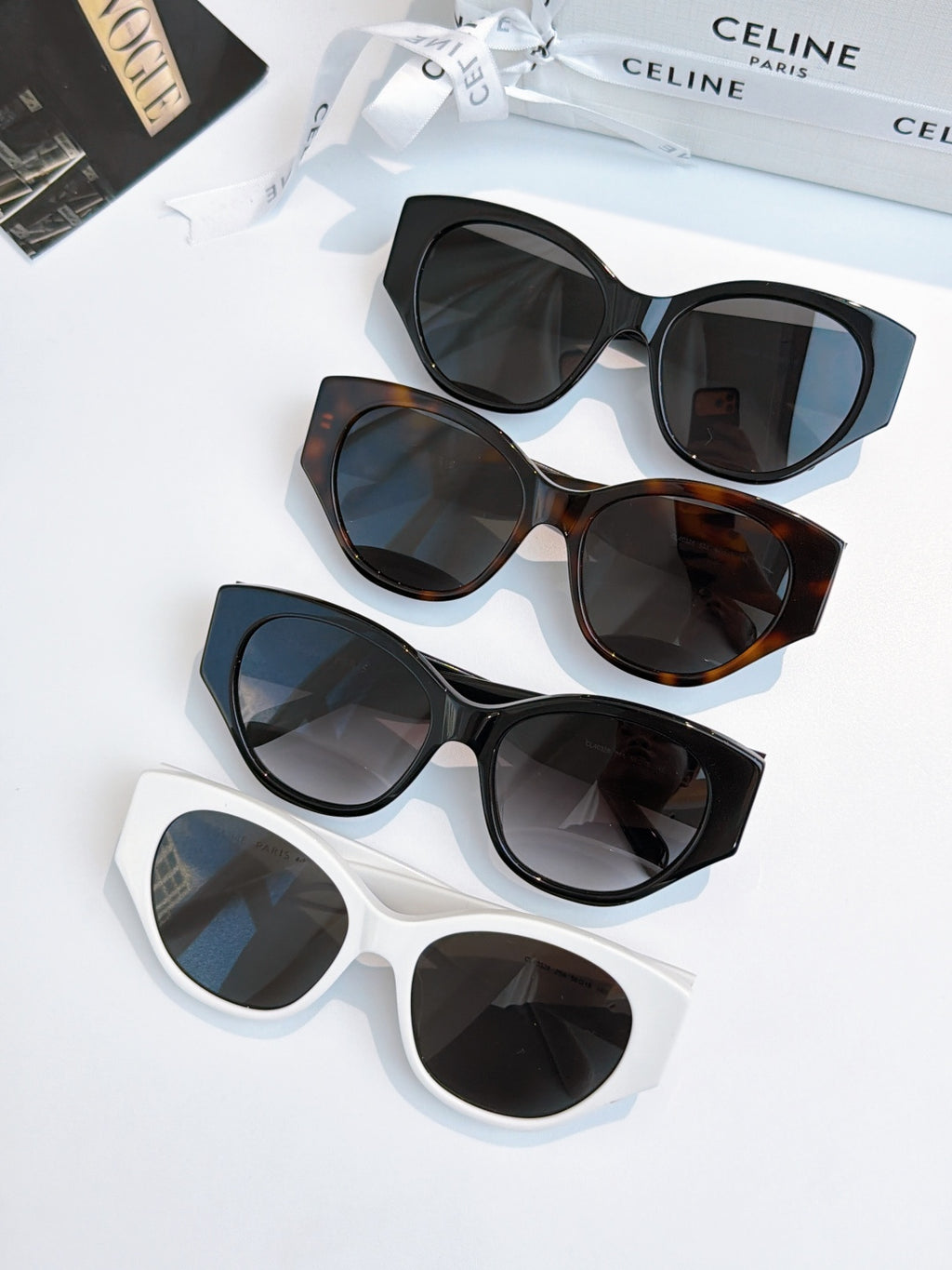 Celine cat-eye sunglasses set with mixed frames and dark lenses: white, tortoiseshell, blue, black