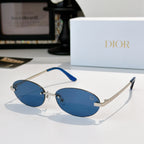 Dior sunglasses with gold-tone frame, blue oval lenses, and blue temple tips