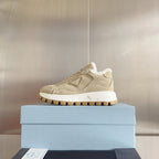 Prada unisex beige suede sneaker with faux-fur collar and lace-up