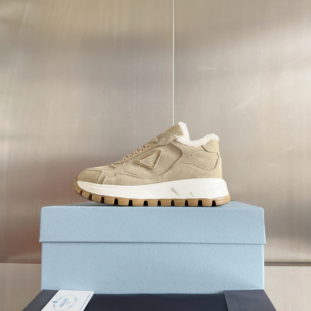 Prada unisex beige suede sneaker with faux-fur collar and lace-up