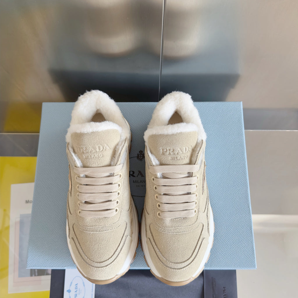 Prada unisex beige suede sneakers, front view with faux-fur collar