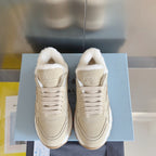 Prada unisex beige suede sneakers, front view with faux-fur collar